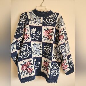 Navy Floral Patchwork Crew Neck Sweater